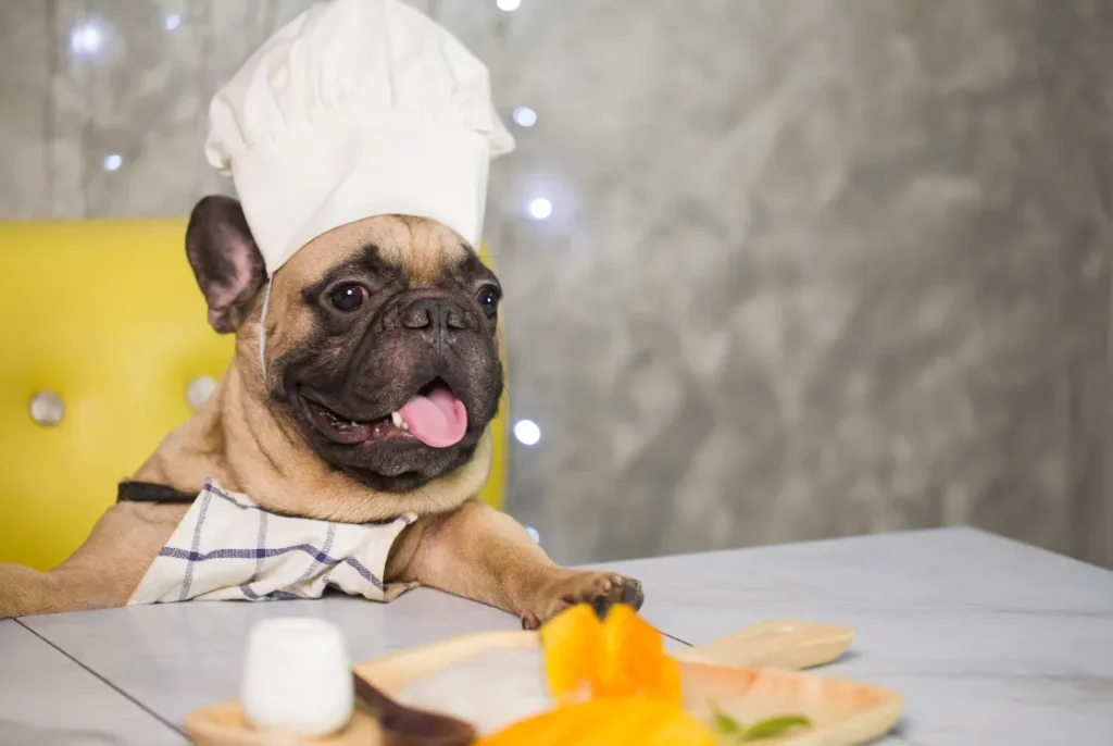 Smiling French Bulldog surrounded by bowls of the best food for French Bulldogs.