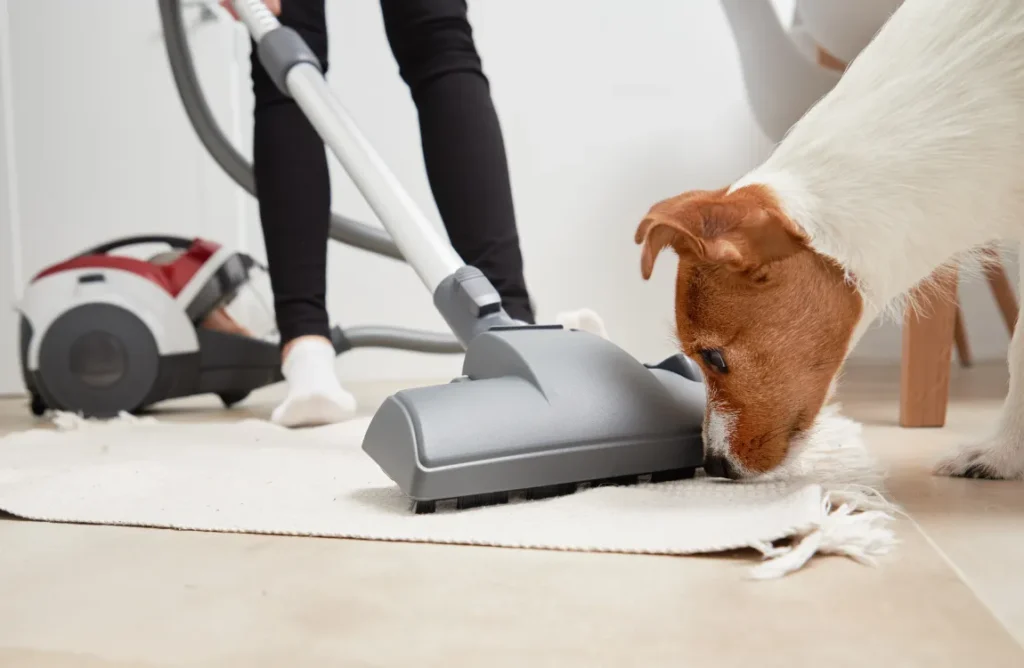 "Vacuum cleaner removing pet hair from carpet"